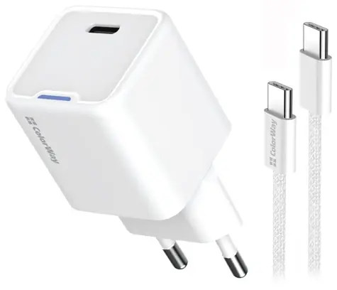 Colorway GaN USB-C nabíječka 35W bílá / 1x USB-C / PD / PPS / USB-C kabel 1 m