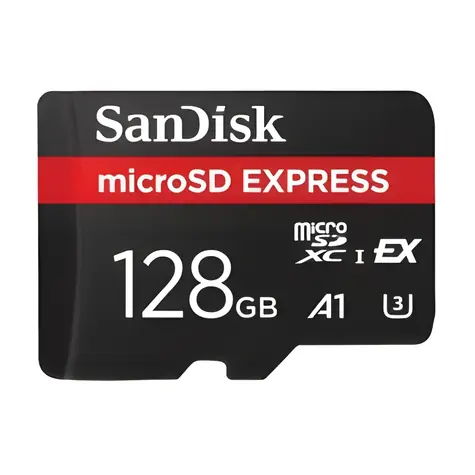 SanDisk microSDXC Express 128GB / Paměťová karta / UHS-I U3 V30 / čtení: 480 MB/s / zápis: 100 MB/s / vhodné pro 4K