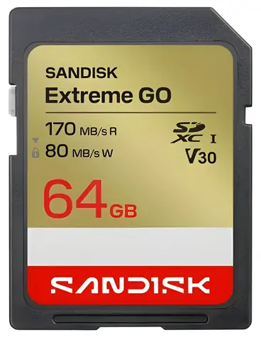 SanDisk Extreme Go SDXC 64 GB / Paměťová karta SD / Class 10 / čtení 170 MB/s / zápis 80 MB/s / vhodné pro 4K