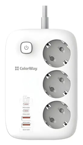 ColorWay CW-CHE34PDW bílá / Zásuvková lišta / 3x EU zásuvky / 2x USB-A / 2x USB-C / 2 m