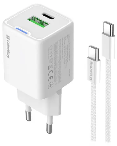 Colorway GaN síťová nabíječka bílá / Nabíjecí adaptér + USB-C kabel / 20W / USB-C PD PPS / USB-A