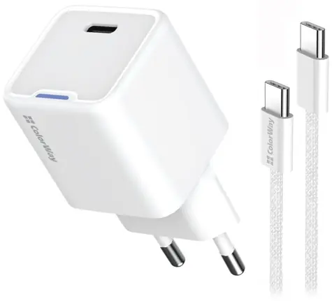 Colorway GaN 25W bílá / Síťová nabíječka / 1x USB-C / PD / PPS / kabel USB-C 1m