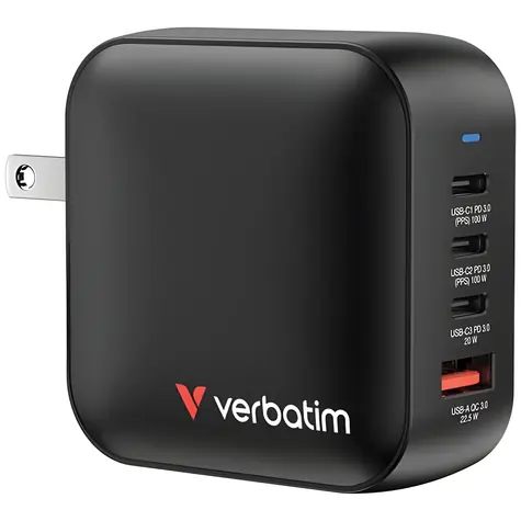 Verbatim 32231 Mini GaN Charger černá / Cestovní adaptér / GaN / 3x USB-C PD 3.0 / 1x USB-A QC 3.0 / 100W