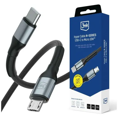 3mk Hyper kabel N-SERIES USB-C na Micro černá / Datový kabel / 3 m / 10 W