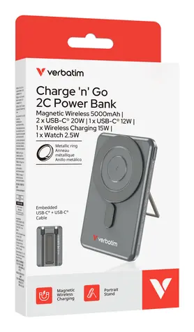 Verbatim Charge 'n' Go 2C šedá / Magnetická powerbanka / 5000 mAh / 2x USB-C / Rychlé nabíjení
