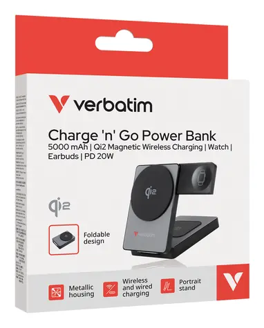 Verbatim Foldable 3-in-1 šedá / Magnetická bezdrátová powerbanka / 5000 mAh / USB-C / rychlé nabíjení