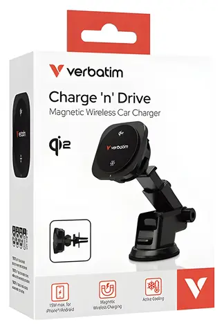 Verbatim Charge 'n' Drive CND-02 černá / Držák telefonu do auta / Qi2 / 15 W / USB-C
