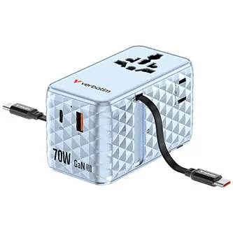 Verbatim Charge 'n' Travel GaN III modrá / Cestovní adaptér / 70 W / 1x USB-C / 1x USB-A / 2x integrovaný USB-C kabel