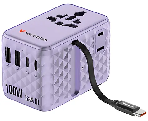 Verbatim Charge 'n' Travel GaN III fialová / Cestovní adaptér / GaN III / 2x USB-C PD / 2x USB-A / kabel USB-C / 100W