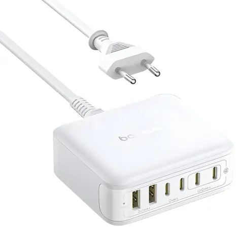 Baseus Nomos FH21 bílá / Nabíjecí stanice / 120W / GaN / 4× USB-C / 2× USB-A
