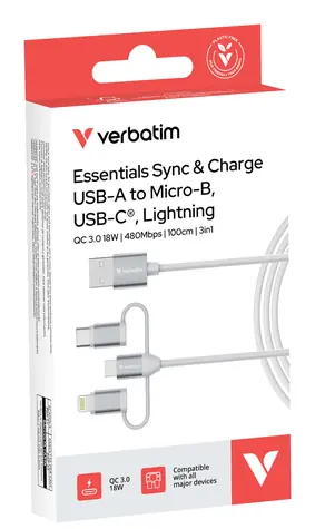 Verbatim Sync & Charge 3-in-1 bílá / Nabíjecí a datový kabel / USB-A / USB-C + Micro-B + Lightning / 1 m / 18W PD