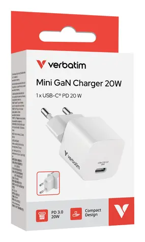 Verbatim Mini GaN Charger 20W bílá / Nabíjecí adaptér / USB-C / PD 3.0