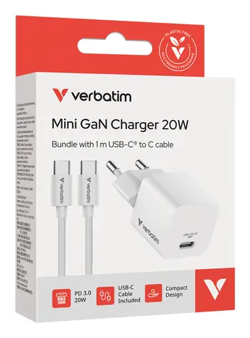 Verbatim 32396 Mini GaN Charger 20W bílá / Nabíjecí adaptér / 1x USB-C / PD 3.0 / kabel USB-C 1 m
