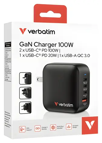 Verbatim 32231 Mini GaN šedá / Cestovní nabíječka / 100W / 3x USB-C PD / 1x USB-A QC 3.0 / vyměnitelné vidlice