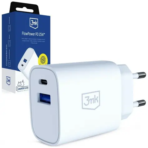 3mk FlowPower 25W bílá / Nabíječka / GaN / PD / QC4+ / 1× USB-A + 1× USB-C