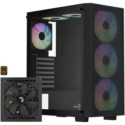 Aerocool B509A Flow černá / PC skříň / Midi Tower / ATX / Mesh / Tvrzené sklo / Se zdrojem 650W