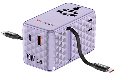 Verbatim Charge'n'Travel GaN III fialová / Cestovní adaptér / 70 W / 1x USB-C / 1x USB-A / 2x kabel USB-C / QC / PD