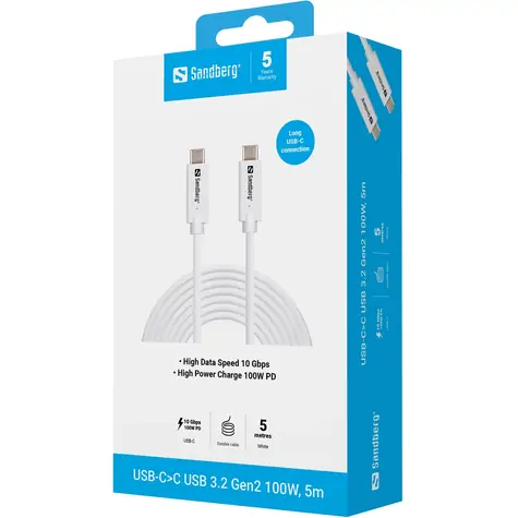 Sandberg USB-C to C USB 3.2 Gen2 100W 5 m bílá / Kabel USB-C na USB-C / 10 Gbit/s