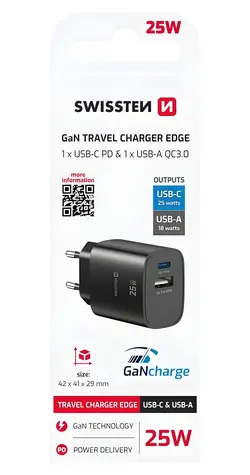 Swissten Edge GaN černá / Síťový adaptér / USB-C PD 25W / USB-A 18W QC