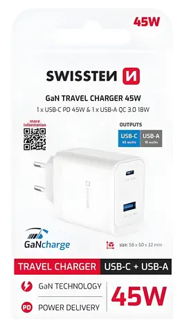 Swissten Core GaN USB-C/USB-A bílá / Síťový adaptér / 45W PD / 18W QC