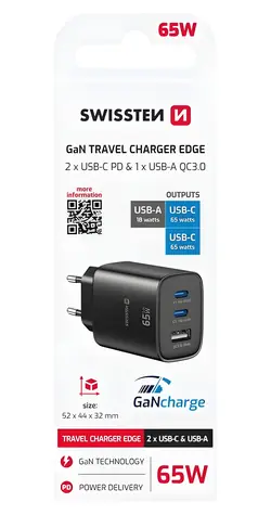 Swissten Edge GaN černá / Síťový adaptér / 2x USB-C PD 65W / USB-A QC 18W