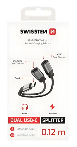 Swissten Textile černá / Nabíjecí audio adaptér / USB-C (M) na 2x USB-C (F) / 0,12 m
