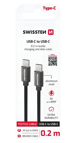 Swissten Textile černá / Datový kabel / USB-C na USB-C / 0,2 m