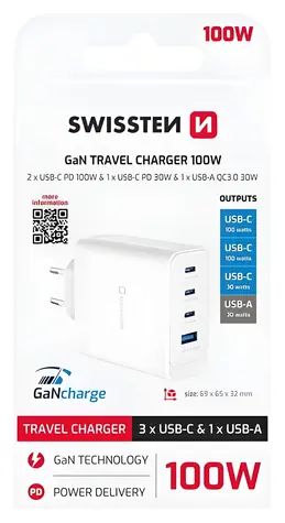 Swissten Core GaN bílá / Síťový adaptér / 2x USB-C PD 100W / USB-C PD 20W / USB-A QC 30W