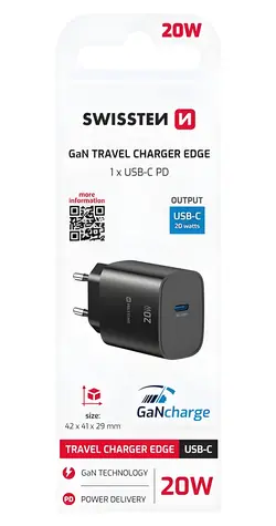 Swissten Edge GaN černá / Síťový adaptér / USB-C PD / 20W