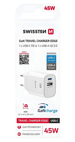 SWISSTEN Edge GaN bílá / Síťový adaptér / USB-C 45W PD / USB-A 18W QC