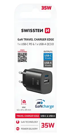 Swissten Edge GaN USB-C/USB-A černá / Síťový adaptér / 35W PD / 18W QC