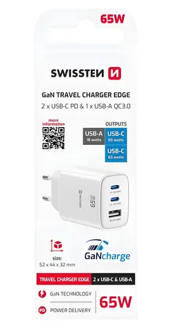 Swissten Edge GaN bílá / Síťový adaptér / 2x USB-C 65W PD / USB-A 18W QC