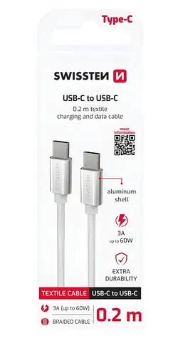 Swissten Textile stříbrná / Datový kabel / USB-C na USB-C / 0,2 m