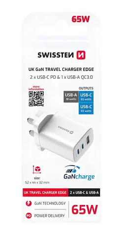 Swissten Edge GaN bílá / Síťový adaptér / UK zástrčka / 2x USB-C + USB-A / 65W / QC / PD