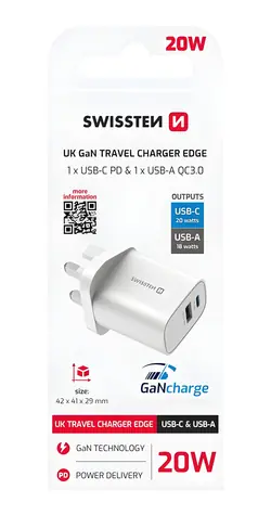 Swissten EDGE GaN USB-C/USB-A bílá / Síťový adaptér / UK zástrčka / 20W PD / 18W QC