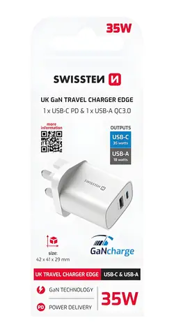 Swissten Edge GaN bílá / Síťový adaptér / UK zásuvka / USB-C 35W PD / USB-A 18W QC