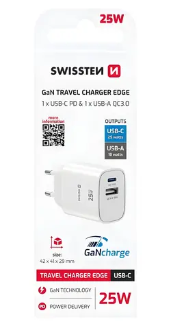 Swissten Edge bílá / Síťový adaptér / GaN / USB-C PD 25W / USB-A QC 18W