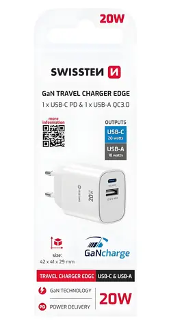 Swissten Edge bílá / Síťový adaptér / GaN / USB-C PD 20W / USB-A QC 18W