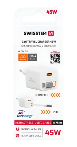 Swissten SlideCHARGE GaN bílá / Síťový adaptér / 45W / USB-A 18W / zatahovací kabel USB-C 0,75 m