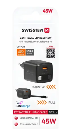 Swissten SlideCHARGE GaN černá / Síťový adaptér / 45W / USB-A 18W / zatahovací kabel USB-C 0,75 m