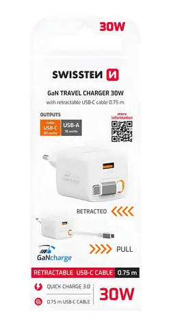 Swissten SlideCHARGE GaN bílá / Síťový adaptér / 30W / USB-A 18W / zatahovací USB-C kabel 0,75 m