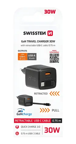 Swissten SlideCHARGE GaN černá / Síťový adaptér / 30W / USB-A 18W / zatahovací USB-C kabel 0,75 m