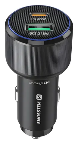 Swissten CL adaptér černá / Autonabíječka / USB-C PD + USB-A / 63W