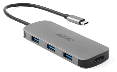 Acer 7v1 stříbrná / USB-C hub / 3× USB-A 3.2 / HDMI 4K 60Hz / Power Delivery 100W / čtečka SD+microSD