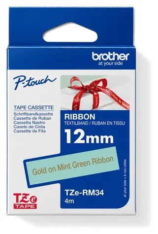 Brother TZE-RM34 mentolová / Textilní páska / zlatý tisk / 12 mm / 4 m