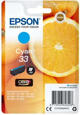 Epson 33 Claria Premium azurová / Originální cartridge / XP-530, XP-630, XP-830, XP-900 / 4,5 ml / 300 stran