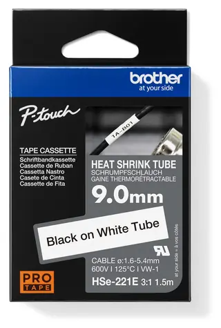 Brother HSE-221E / Smrštitelná bužírka / černý tisk na bílé / šířka 9 mm / délka 1,5 m