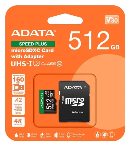 ADATA Speed Plus / Micro SDXC karta / 512 GB / UHS-I U3 / Class 10 / čtení: 180 MB/s / zápis: 160 MB/s