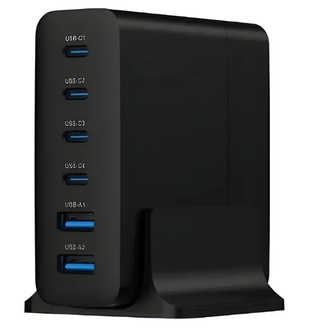 Gembird TA-UC-2A4C-PD75-01-BK černá / Nabíjecí stanice / 75 W / 4x USB-C PD 25 W / 2x USB-A QC 3.0 18 W / GaN