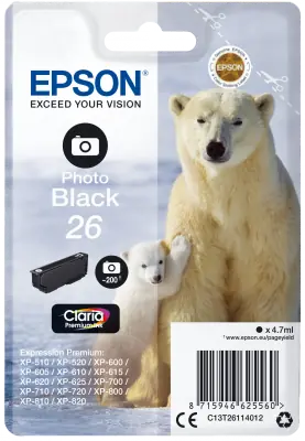 EPSON 26 Claria Premium foto černá / originální cartridge / XP-510 - XP-820 / 4,7 ml